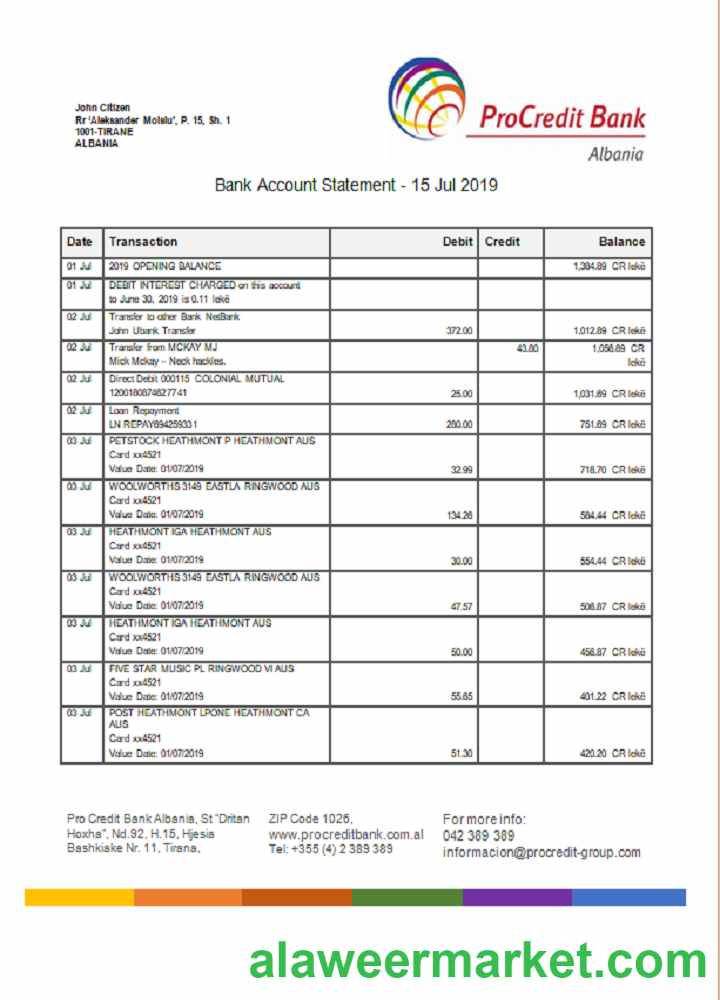 Albania Prokredit Bank statement