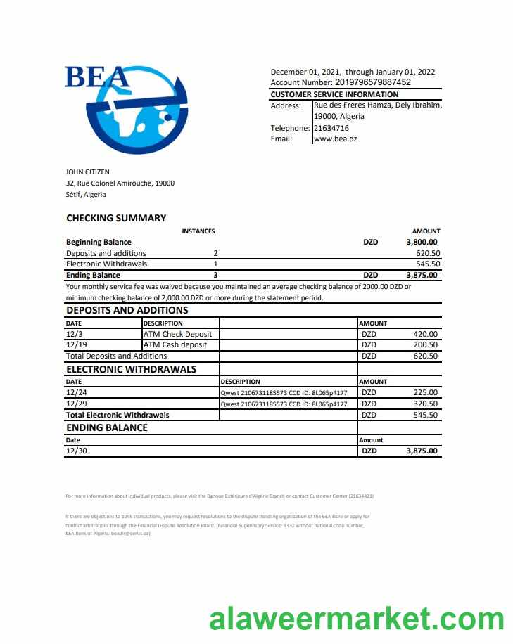 Algeria Banque ext_rieure d_Alg_rie bank statement template in Excel and PDF format