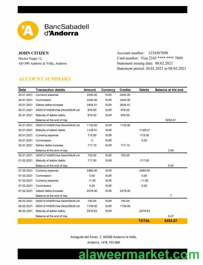 Andorra BancSabadell d_Andorra bank statement template in Excel and PDF format
