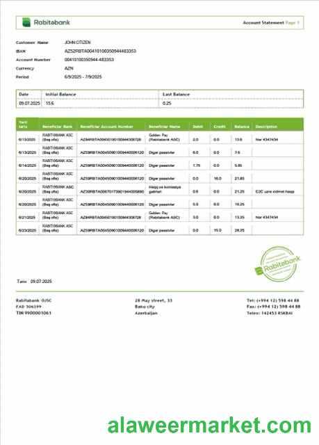 Azerbaijan Rabit_bank account statement Word and PDF template