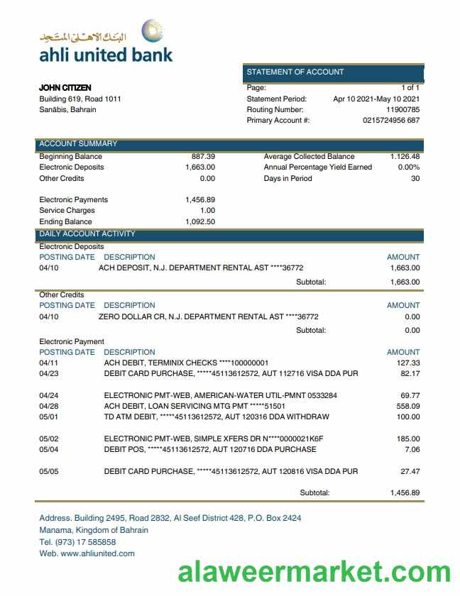 Bahrain Ahli United Bank statement