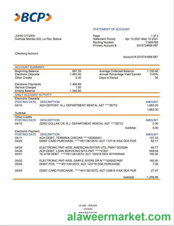 Bolivia banco de cr_dito de bolivia bank statement template in Word and PDF format