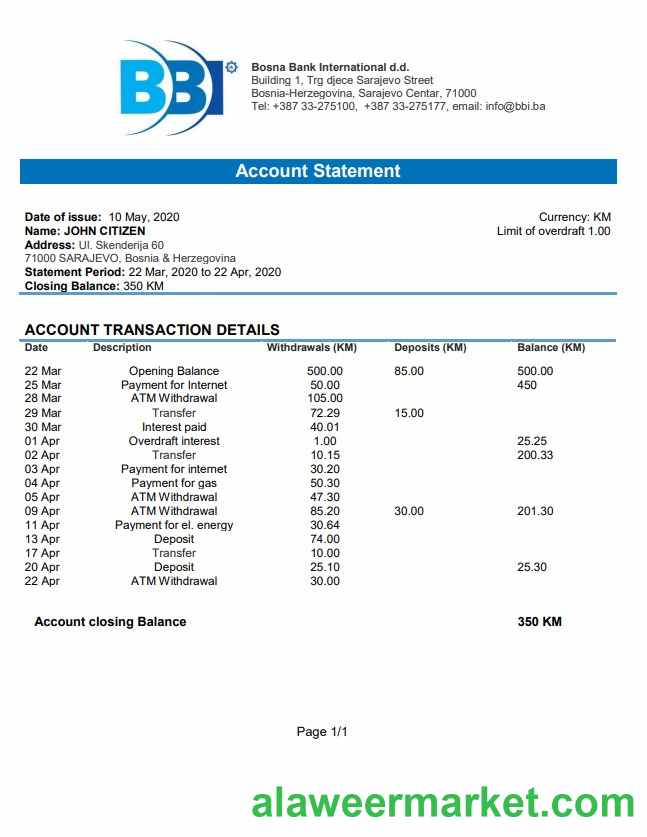 Bosnia and Herzegovina Bosna Bank International bank statement