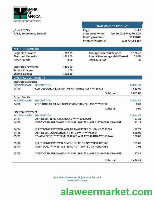 Burundi Bank of Africa bank statement