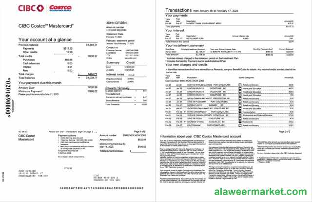Canada CIBC Bank account statement Word and PDF template, 2 pages