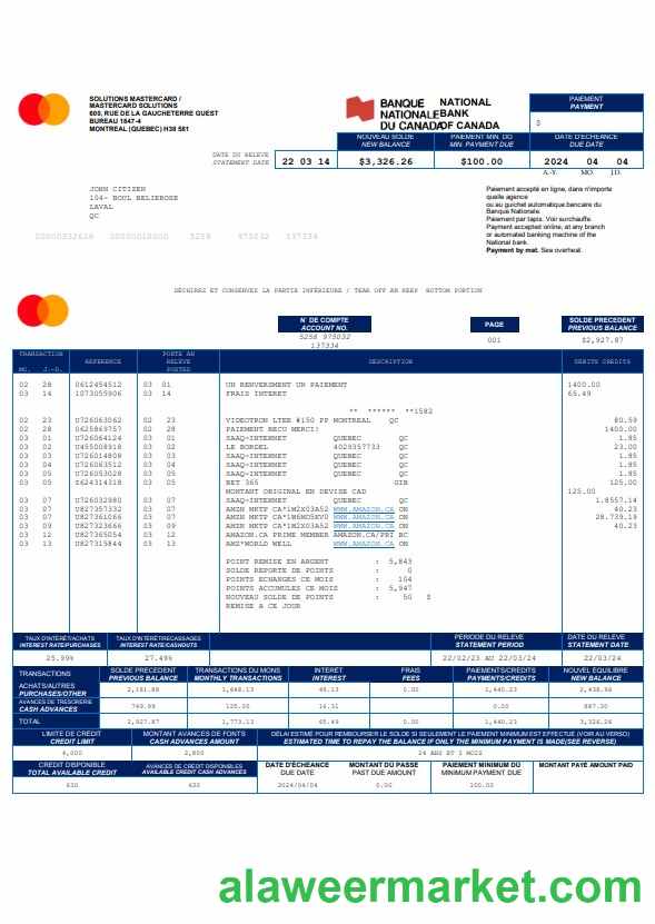 Canada National bank of Canada bank statement Word and PDF template