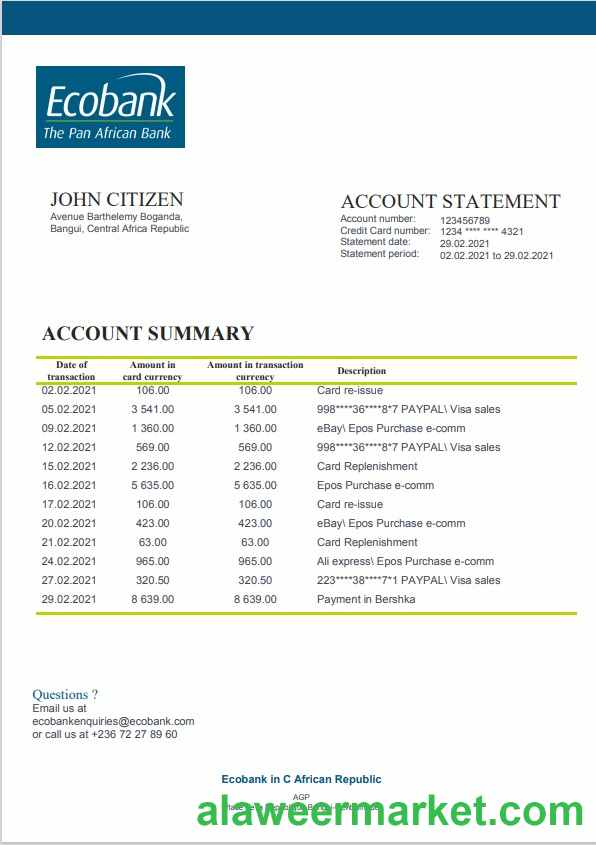 Central African Republic Ecobank bank statement template in Word and PDF format