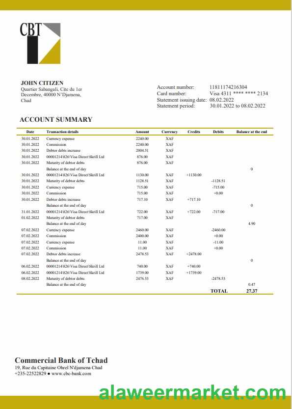 Chad Commercial Bank of Tchad bank statement template in Word and PDF format