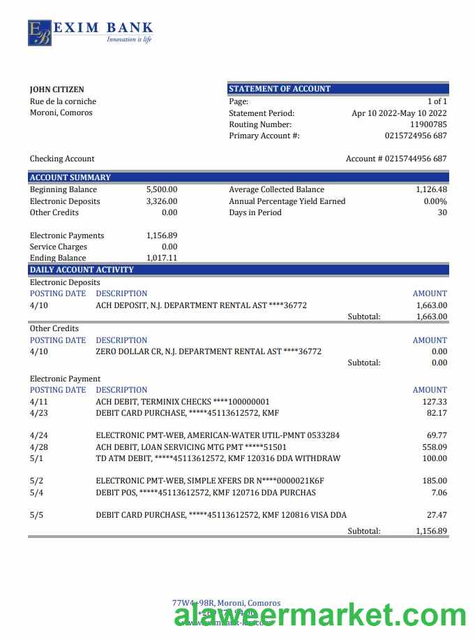 Comoros Exim bank statement xls