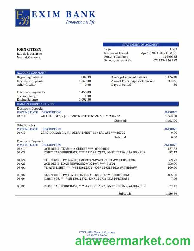 Comoros Exim bank statement