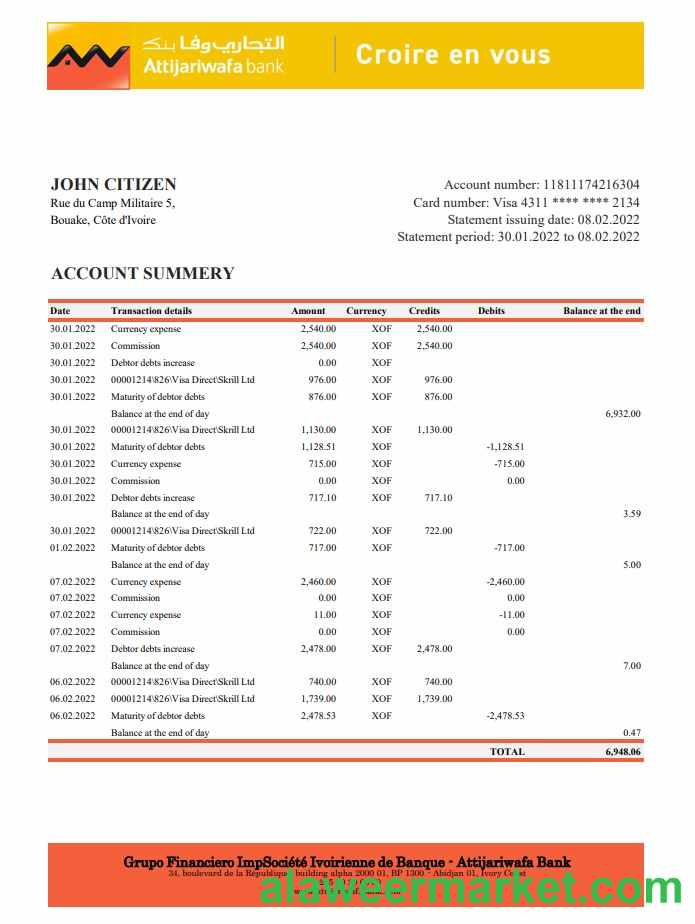 Cote d_Ivoire Attijariwafa bank statement xls