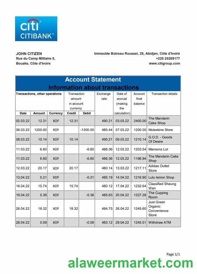 Cote d_Ivoire Citibank bank statement xls