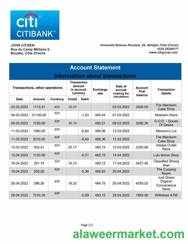 Cote d_Ivoire Citibank bank statement