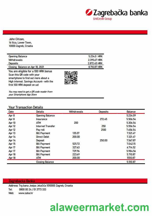 Croatia Zagreba_ka Bank statement