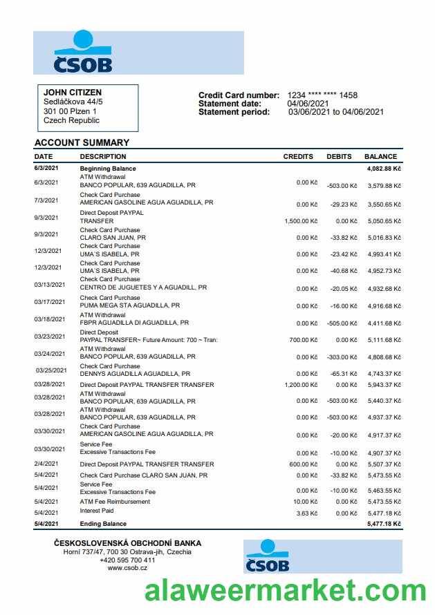 Czech Republic _eskoslovensk_ Obchodn_ Banka bank statement easy to fill template in .xls and .pdf file format