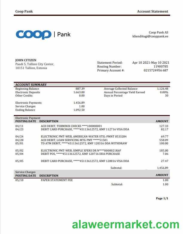 Estonia Coop Pank proof of address bank statement template in Word and PDF format