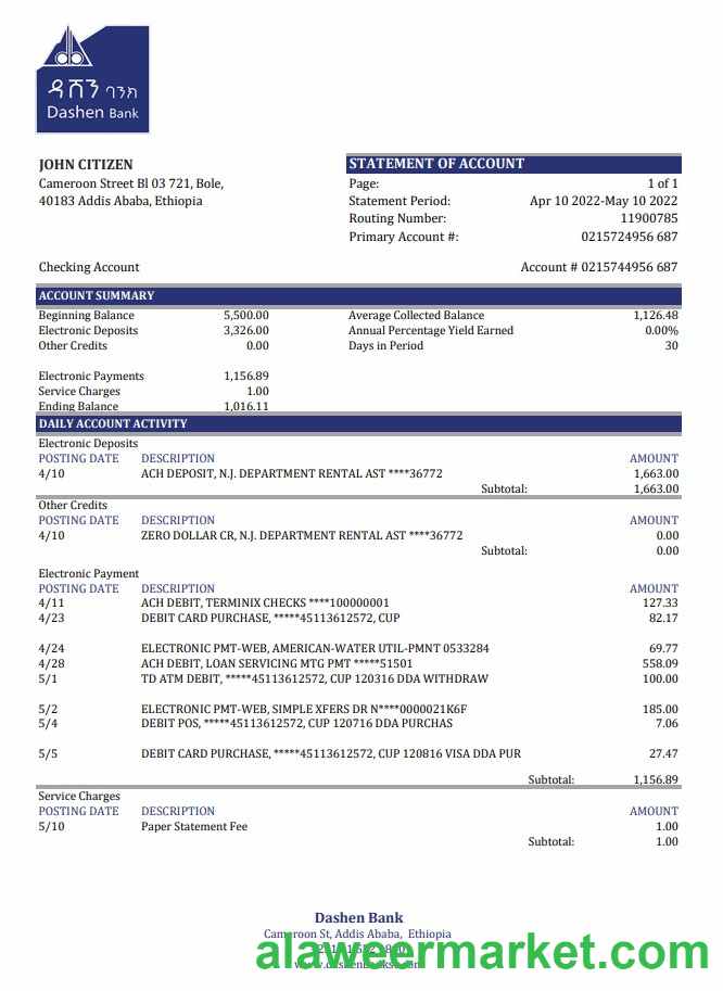 Ethiopia Dashen Bank statement xls