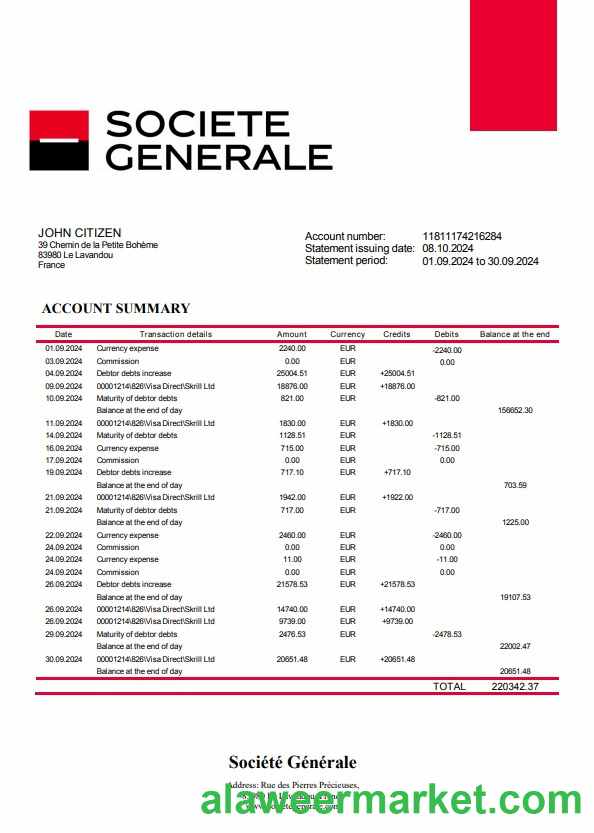 France Soci_t_ G_n_rale bank statement template, Word and PDF format