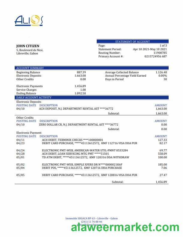 Gabon Alios Finance bank statement template, Word and PDF format