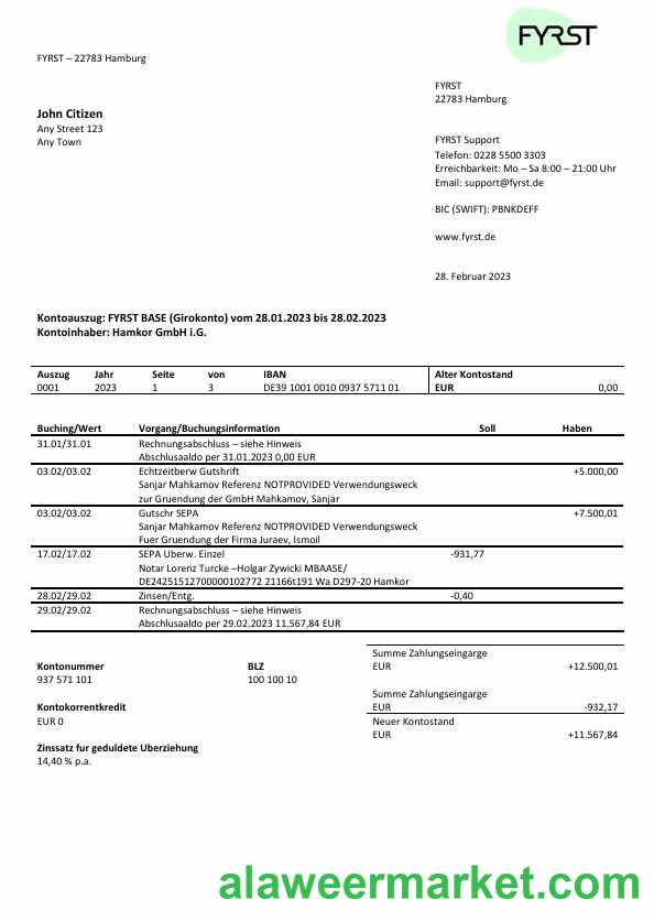 Germany Fyrst bank statement Word and PDF template