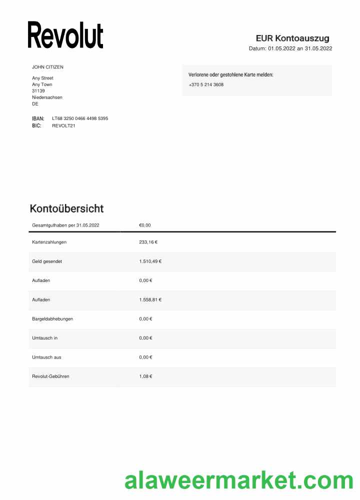 Germany Revolut EUR bank statement template, Word and PDF format, 2 pages