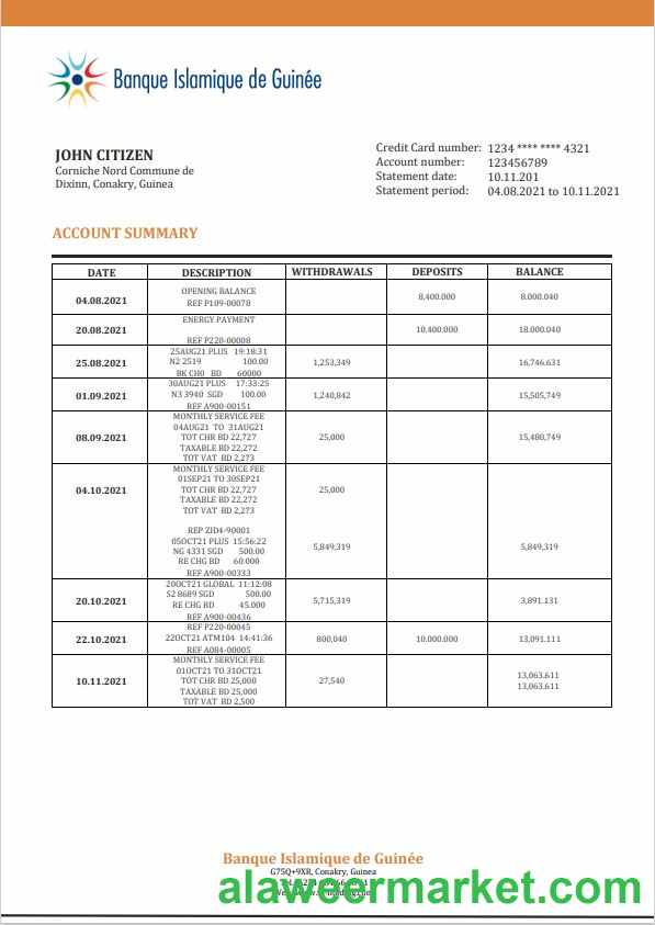 Guinea Banque Islamique de Guin_e proof of address bank statement template in Word and PDF format
