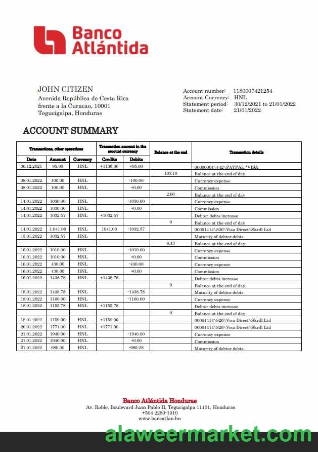 Honduras Banco Atlantida statement