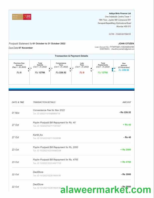 India Aditya Birla Finance Ltd bank statement template, Word and PDF format, 3 pages
