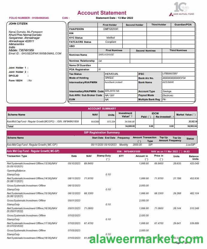 India Axis Mutual Fund bank statement template, Word and PDF format, 3 pages