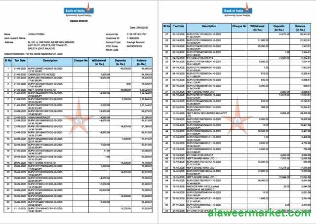 India Bank of India account statement Word and PDF template, 2 pages