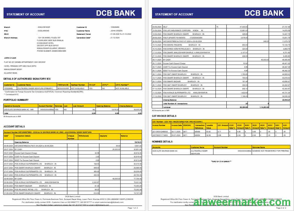 India DCB bank statement Word and PDF template, 2 pages
