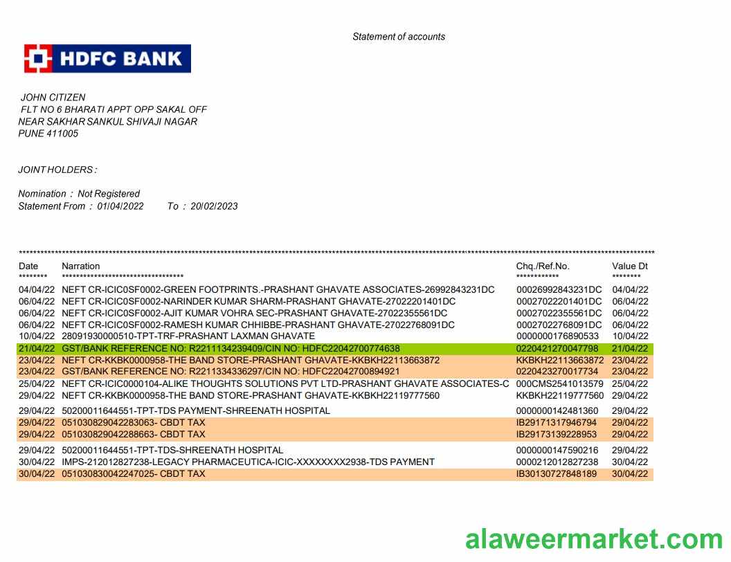 India HDFC bank statement template, Word and PDF format, 2 pages, version 2