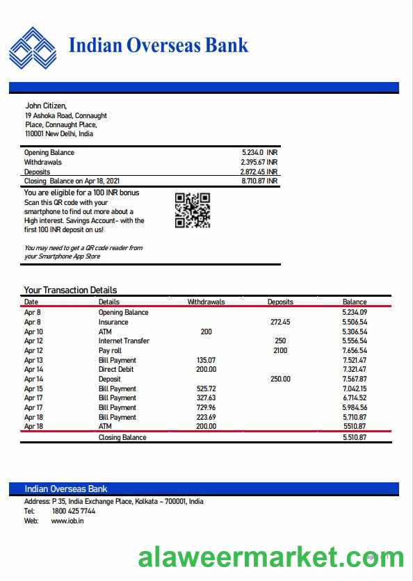 India Indian Overseas Bank statement template, Word and PDF format