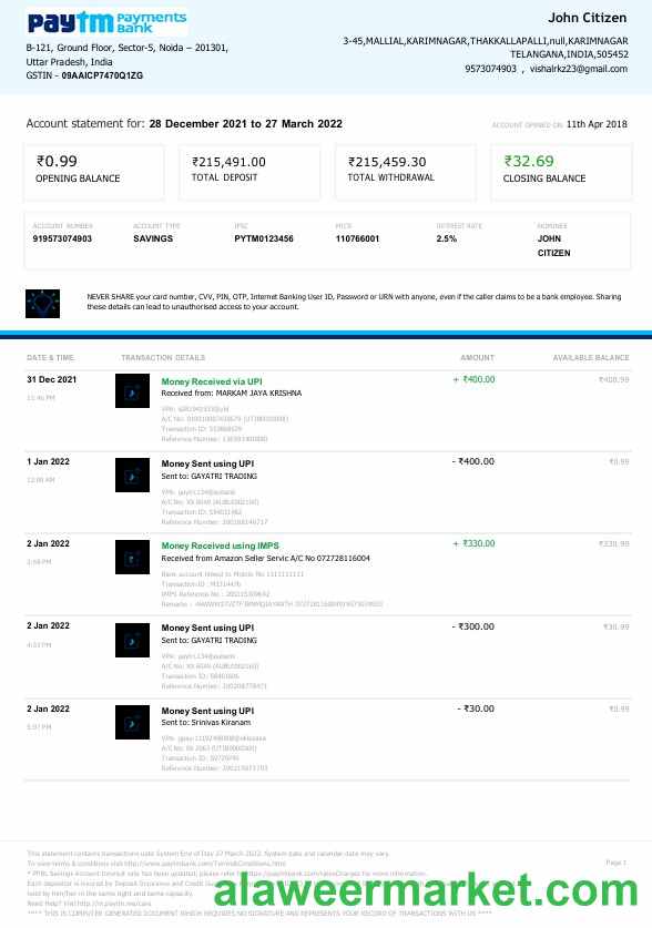India Paytm Payments bank statement Word and PDF template, 2 pages