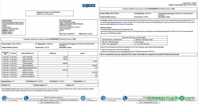India Yes Bank statement of account Word and PDF template, 2 pages