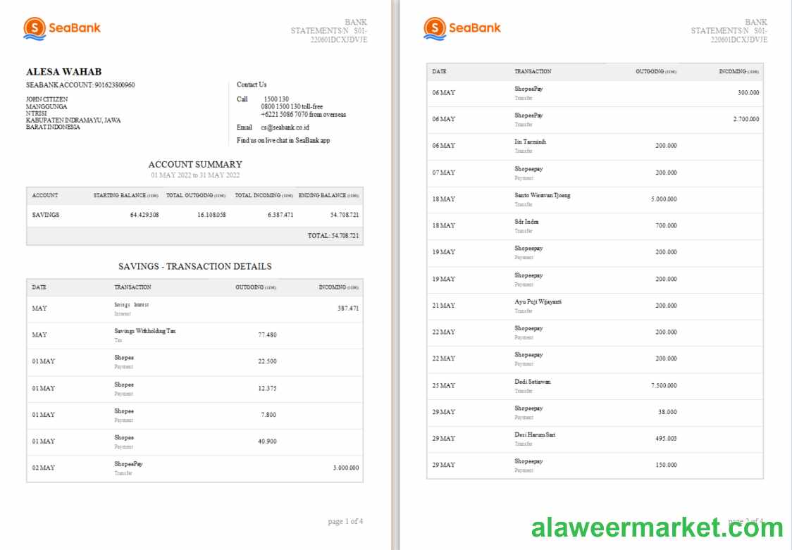Indonesia Seabank statement Word and PDF template, 4 pages 1 2 scr