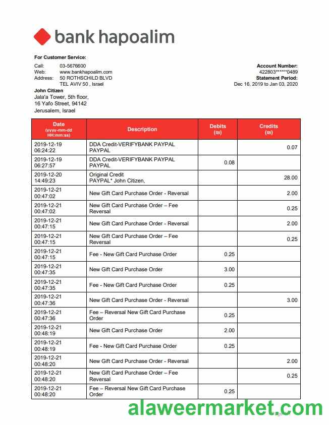 Israel Bank Hapoalim bank statement