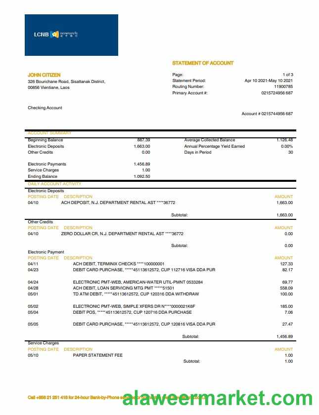 Laos LCNB Bank statement