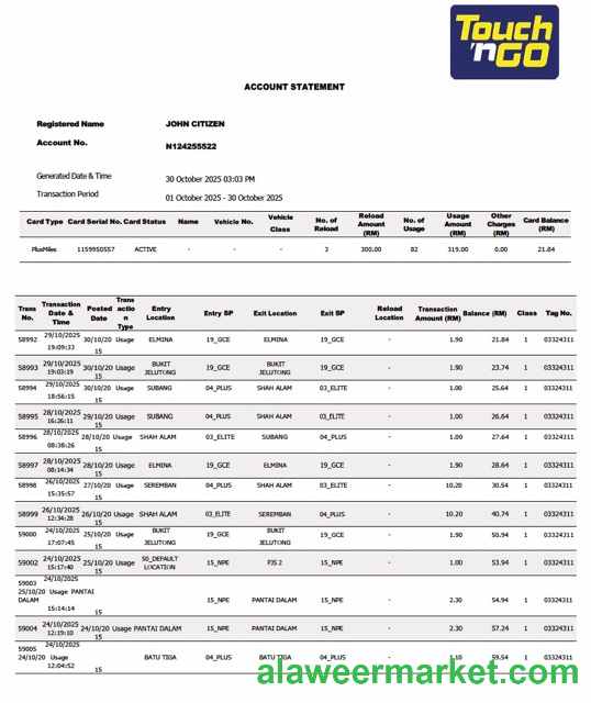 Malaysia Touch_n Go account statement Word and PDF template