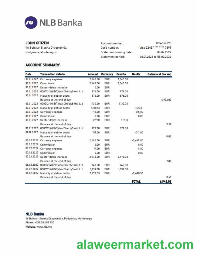 Montenegro NLB Bank statement xls