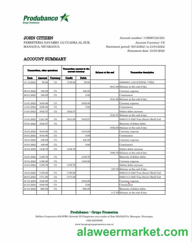 Nicaragua Banco de la Producci_n bank statement Excel and PDF template