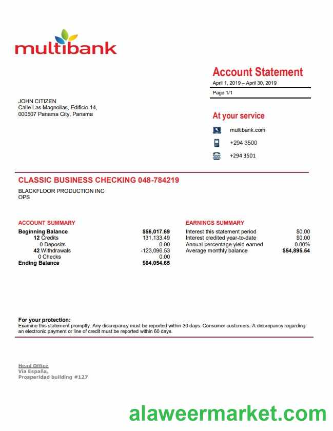 Panama Multibank bank statement