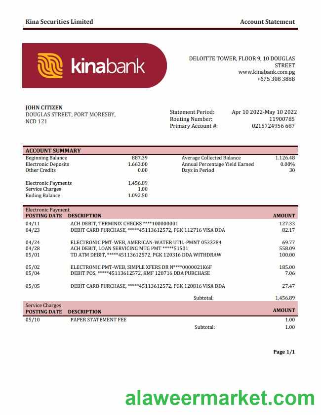 Papua New Guinea Kina Securities Limites bank statement