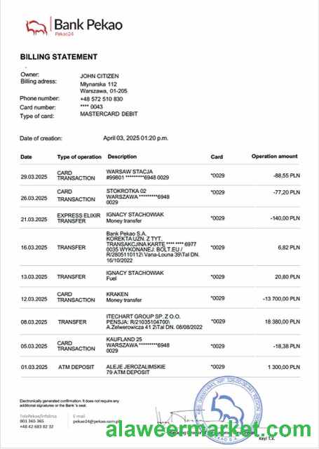 Poland Bank Pekao account statement Word and PDF template