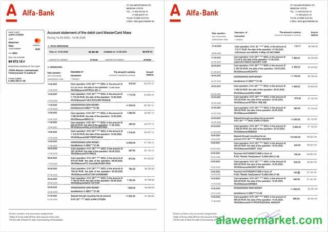 Russia Alfa Bank account statement Word and PDF template, 2 pages