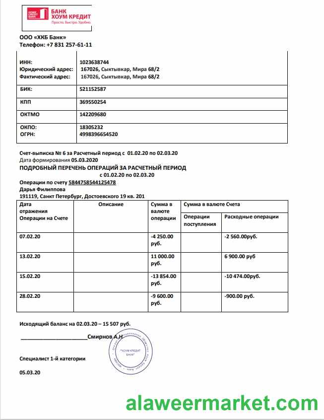 Russia Home Credit bank statement template in Word and PDF format, good for address prove