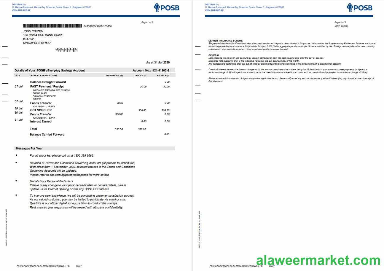 Singapore DBS bank statement template in Word and PDF format, 2 pages