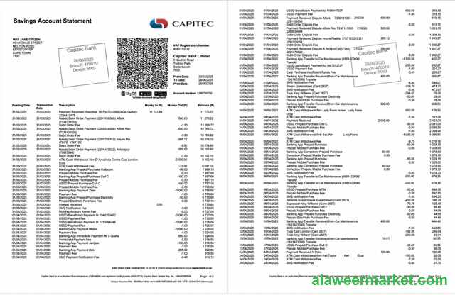 South Africa Capitec Bank account statement Word and PDF template, 2 pages