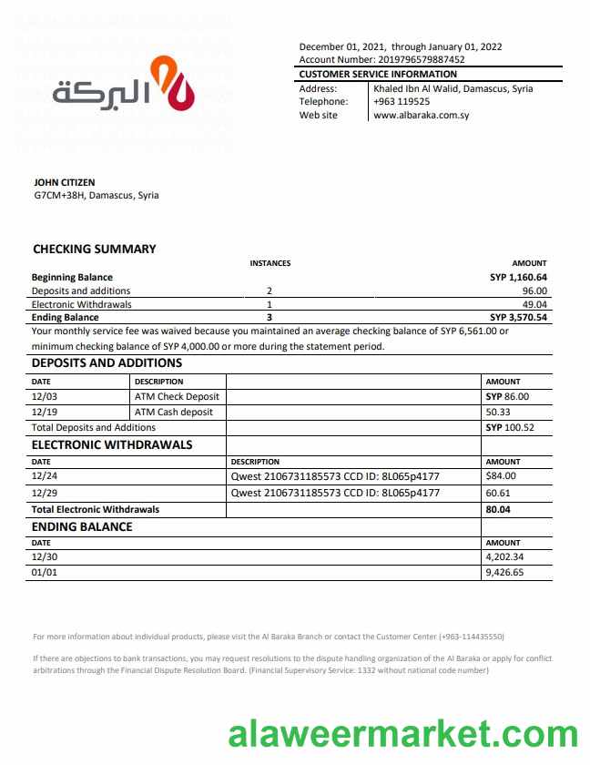 Syria Al Baraka bank statement