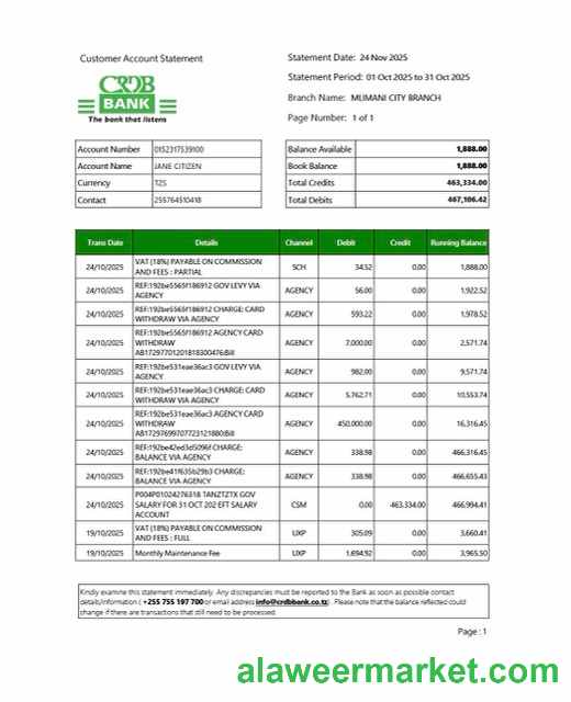 Tanzania CRDB Bank account statement Word and PDF template, version 2
